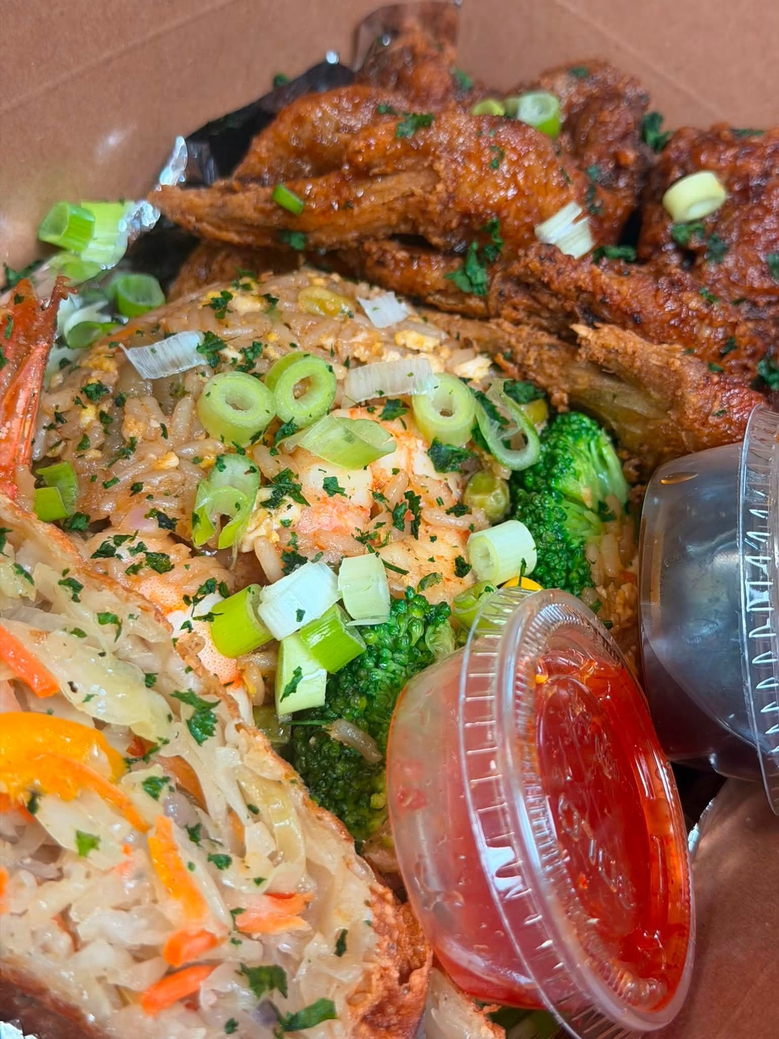 Bourbon glaze wings served with seasoned shrimp fried rice